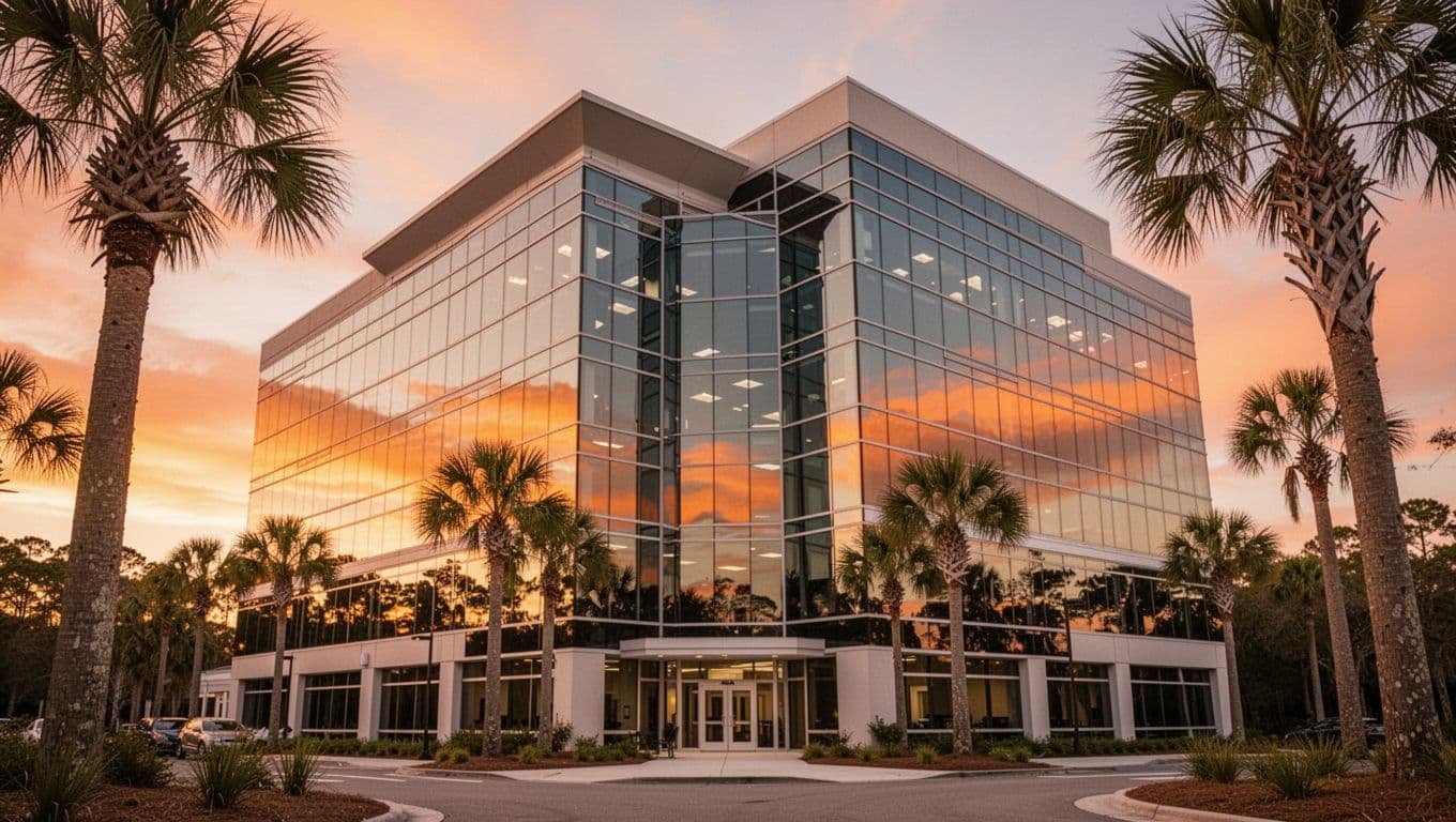 Modern commercial office building exterior with clean glass facade reflecting orange sunset sky and nearby palm trees.