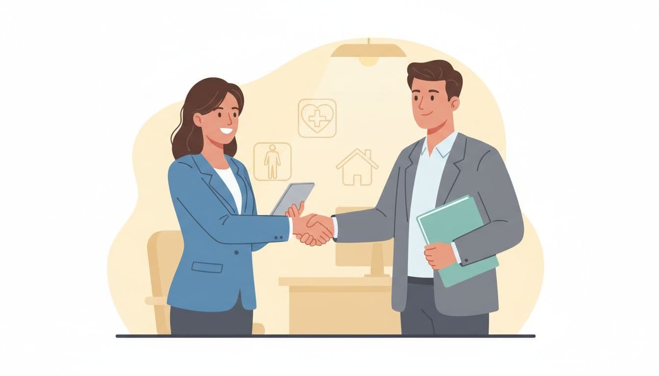 Two professionals shake hands confidently in a home health agency office with subtle medical icons.