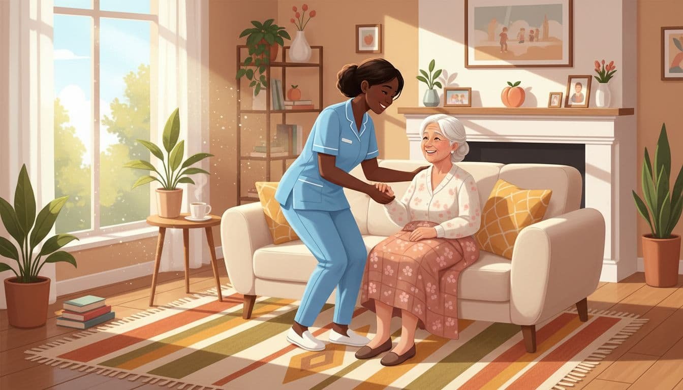 Home health aide in uniform helps smiling elderly patient on couch in cozy living room with window light.