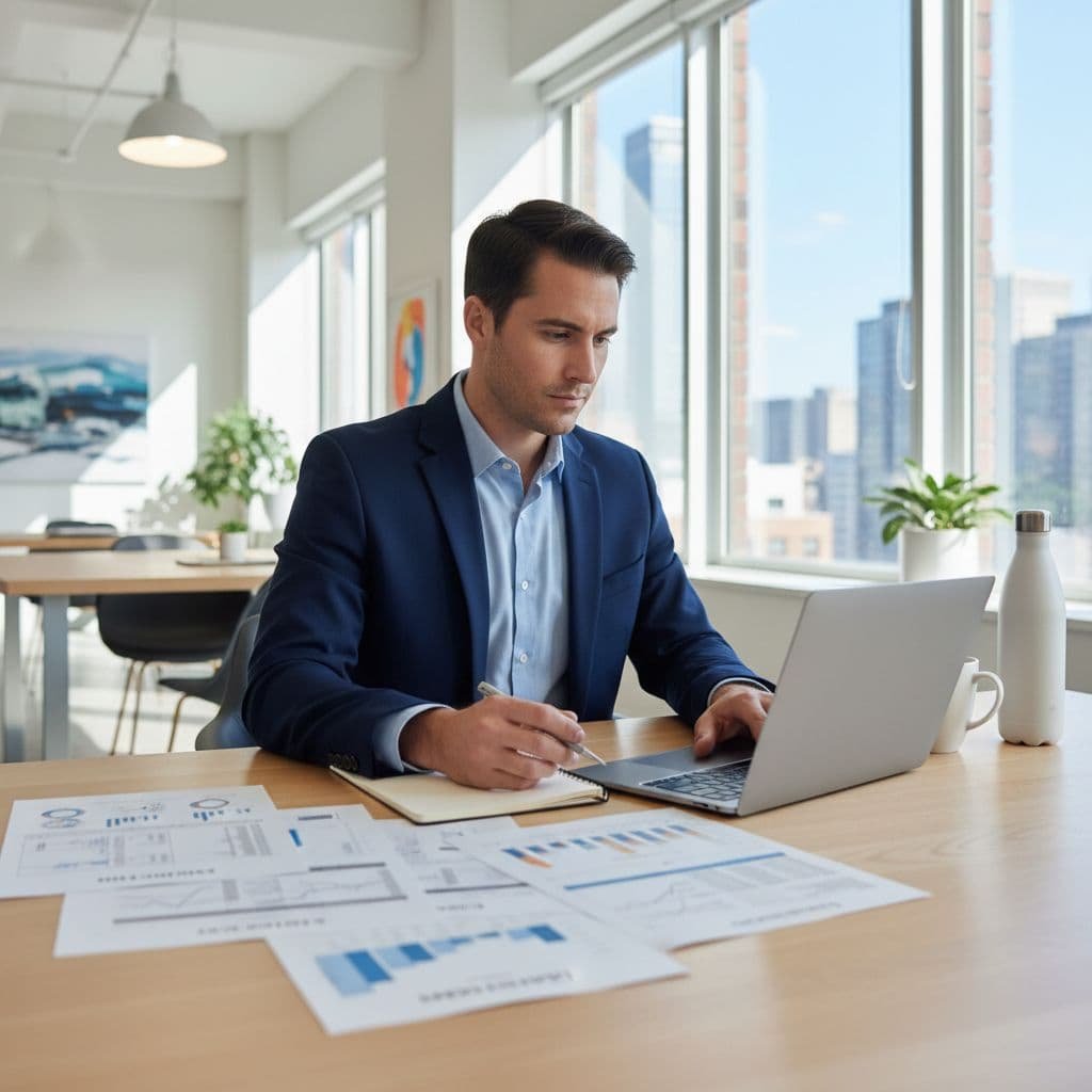 A focused professional sits at a desk reviewing financial documents and loss runs on a laptop.