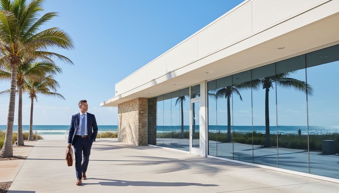 Business investor with briefcase walks outside modern commercial building near palm trees and beach on sunny day.