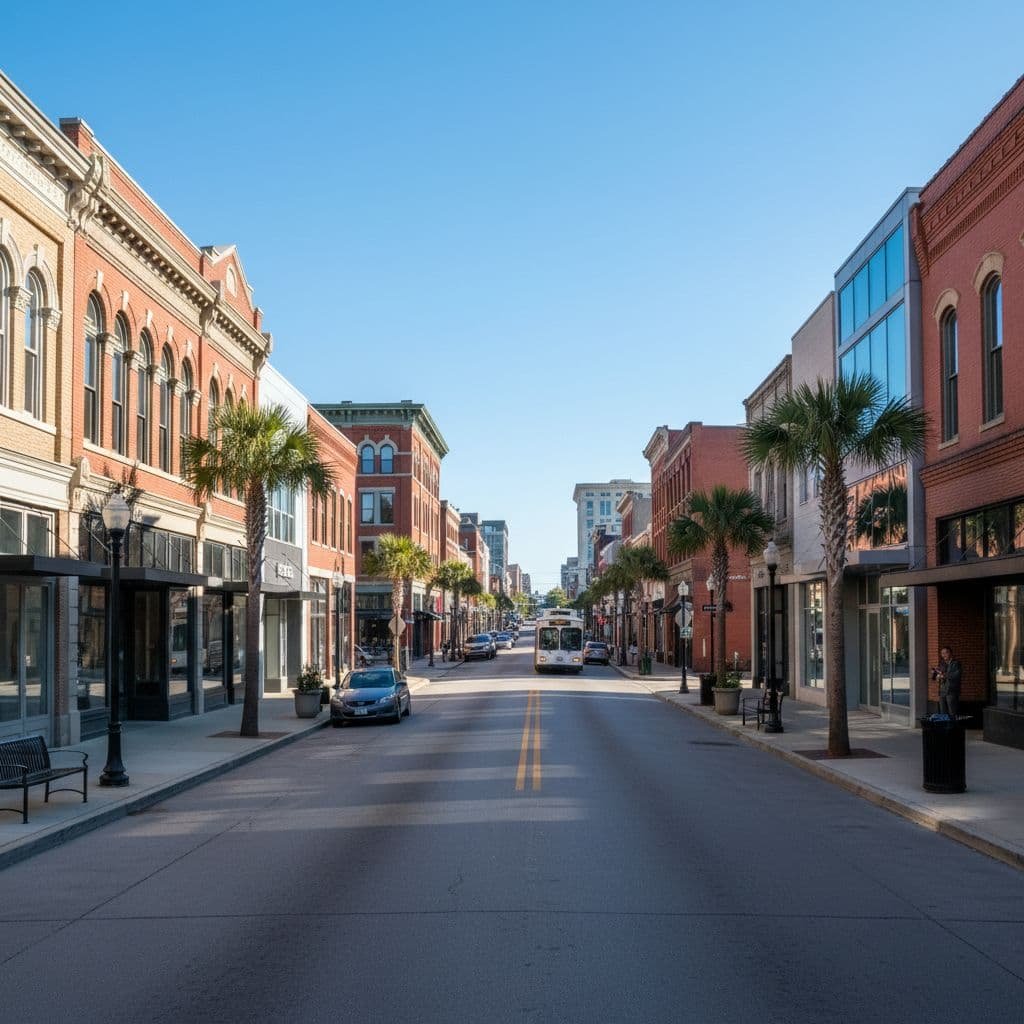 Downtown street in Macon, Georgia, with historic brick buildings, modern storefronts, clear blue sky, and one pedestrian in distance.