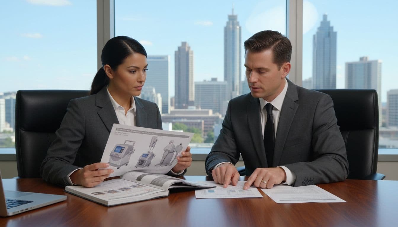 Two professionals in business attire review financial documents and med spa catalog at conference table with Atlanta skyline view.