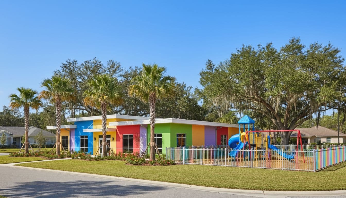 Single-story commercial building with fenced playground, slides, swings, colorful walls, front yard trees, clear blue sky.