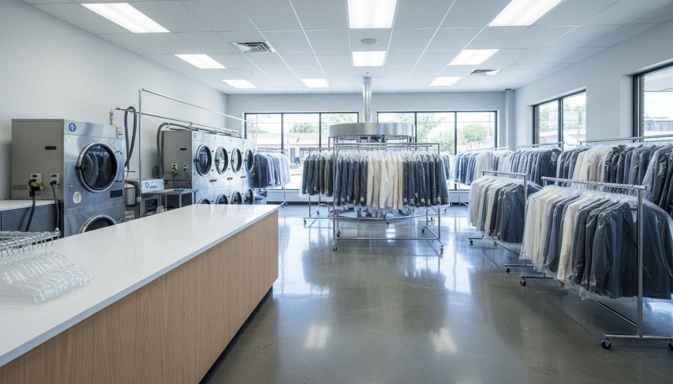 An organized dry cleaning storefront features rows of hanging garments and professional cleaning equipment.