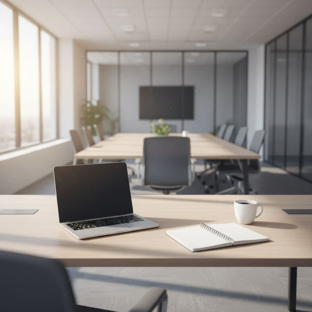 A clean office desk featuring a laptop, notebook, and coffee cup bathed in natural sunlight.