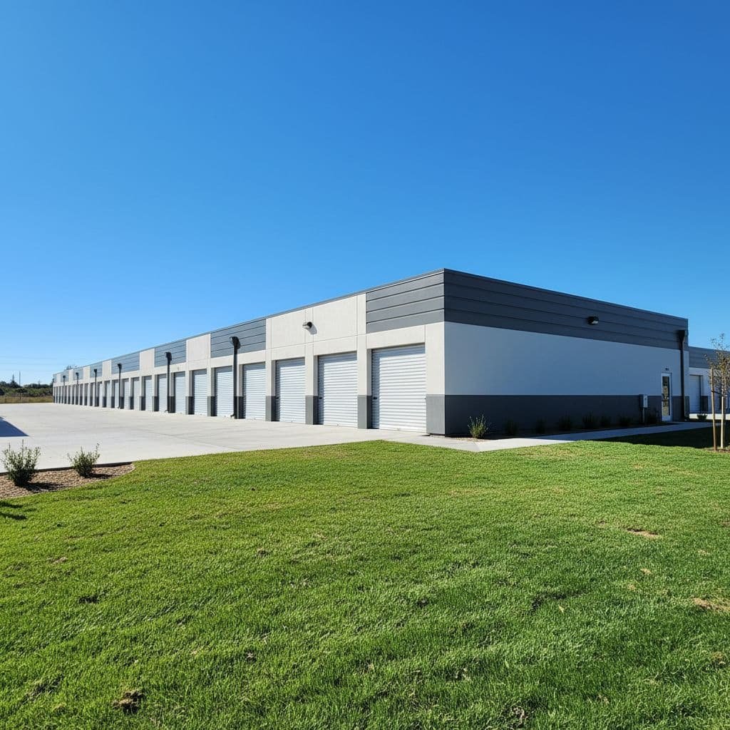 Clean modern single-story self-storage facility with roll-up doors, green landscaping, and clear blue sky.