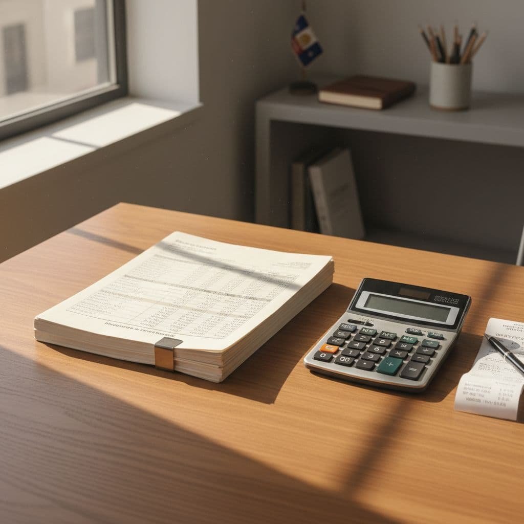 A sunlight-filled wooden desk holds a stack of business documents and a calculator.