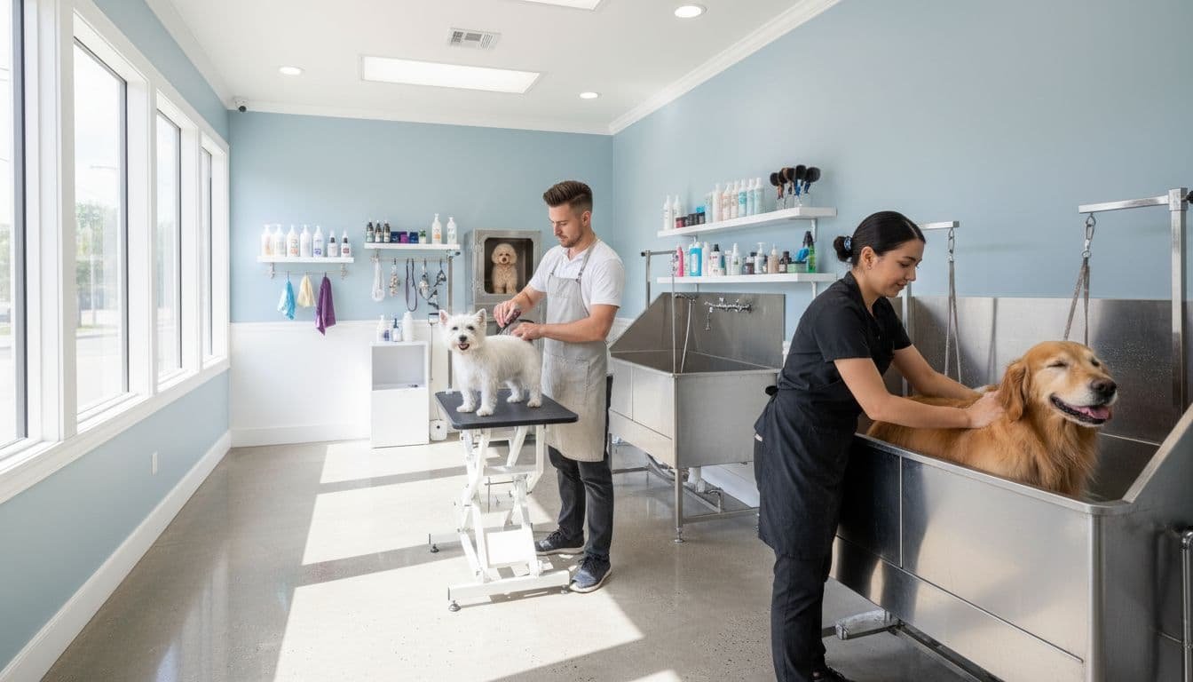 Two groomers in clean modern salon: one bathes golden retriever, one trims terrier on table amid organized tools.