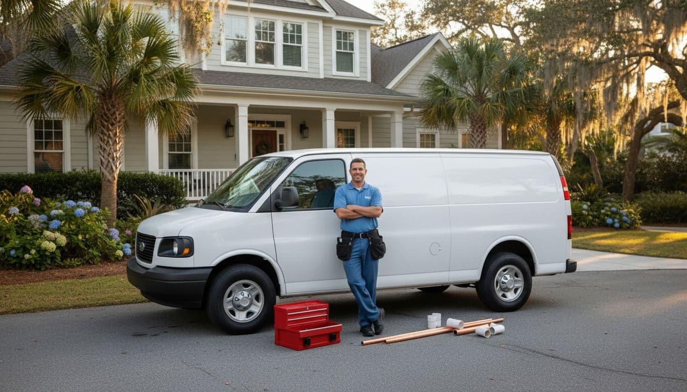 Blue-uniformed technician leans smiling on modern plumbing van parked before suburban coastal Georgia home, toolbox and pipes nearby.