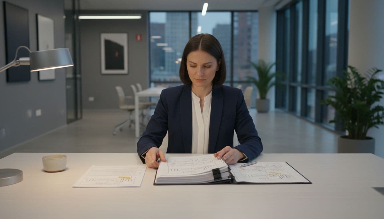A focused person sits at a clean desk reviewing business documents in a modern office.