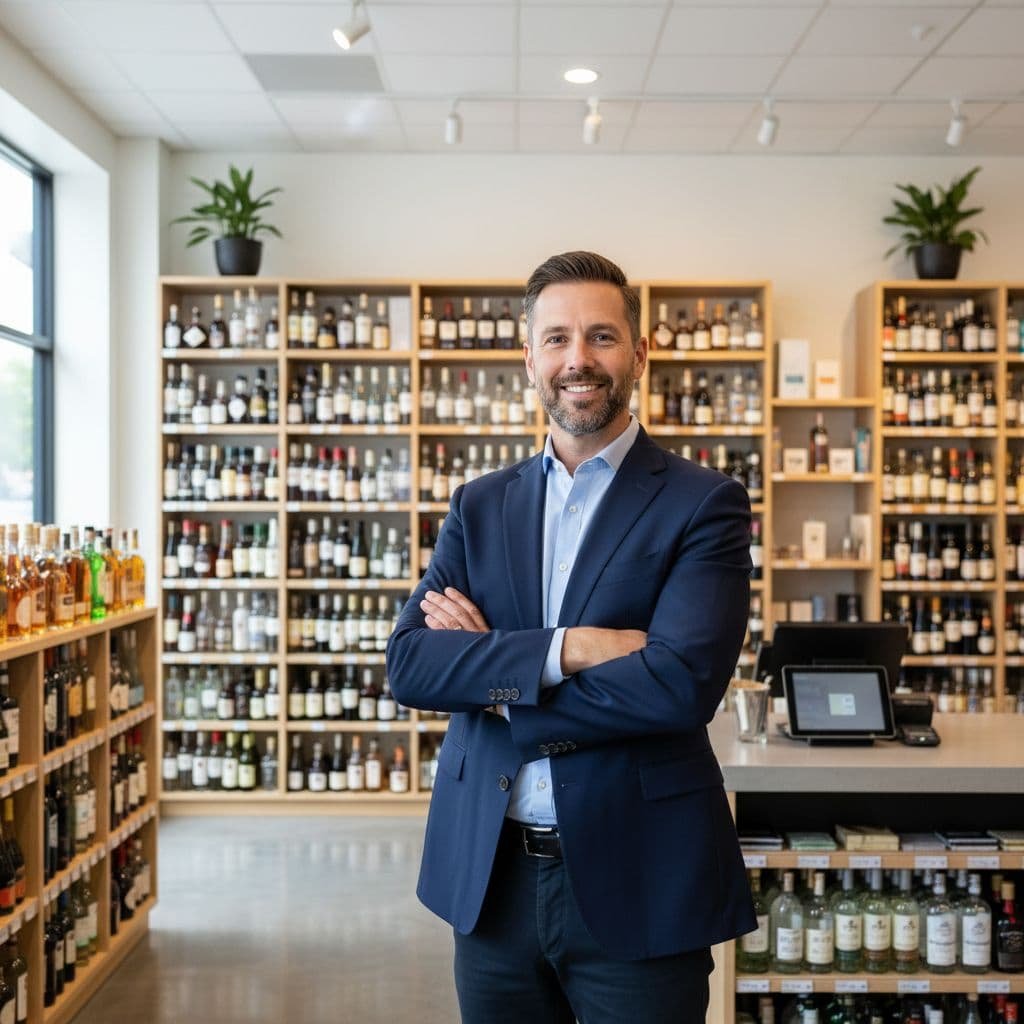 Professional business owner stands in modern, well-lit liquor store with orderly bottle shelves.