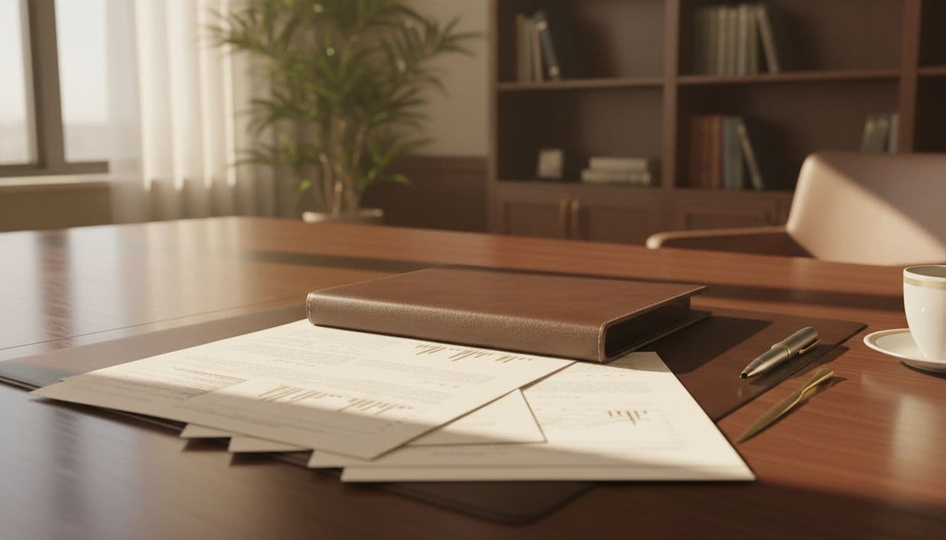 A leather folder and professional paperwork rest on a clean wooden desk under soft sunlight.