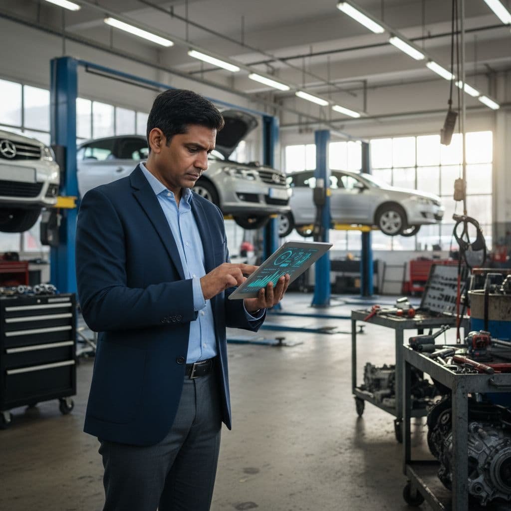 A professional in business casual attire reviews digital vehicle maintenance data on a tablet in a workshop.