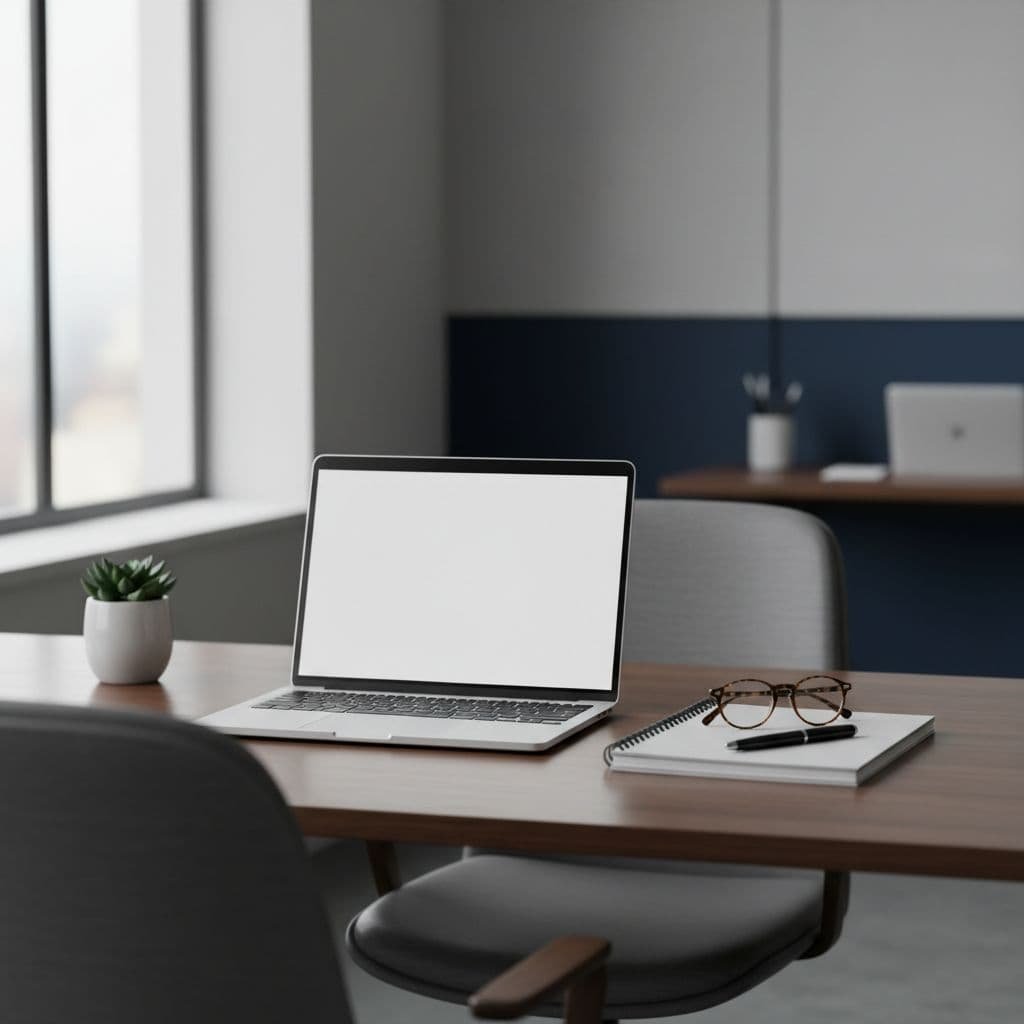 Office desk holds clean laptop, notepad, and reading glasses under soft window light.