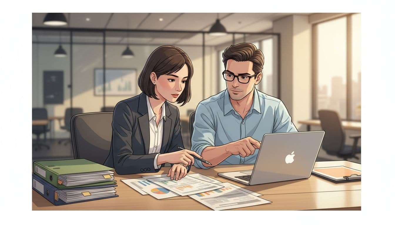 Two professionals, one male one female, examine papers laptop and charts at desk in modern office.