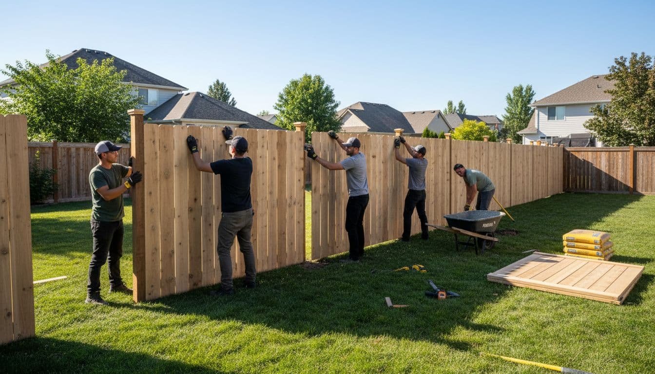 Workers in uniforms carefully secure wooden fence panels along a suburban backyard perimeter under bright daylight. Various power tools and raw cedar materials are staged neatly on the green manicured grass.