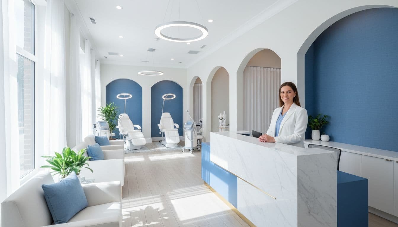 Elegant reception desk with one receptionist, visible treatment rooms, blue and white tones.