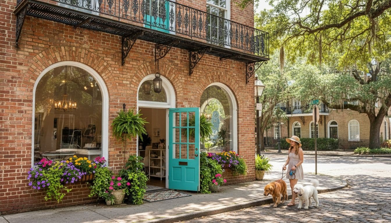 Historic brick pet grooming salon exterior on sunny Savannah street with large windows, colorful flowers, and two leashed dogs with one owner walking by.