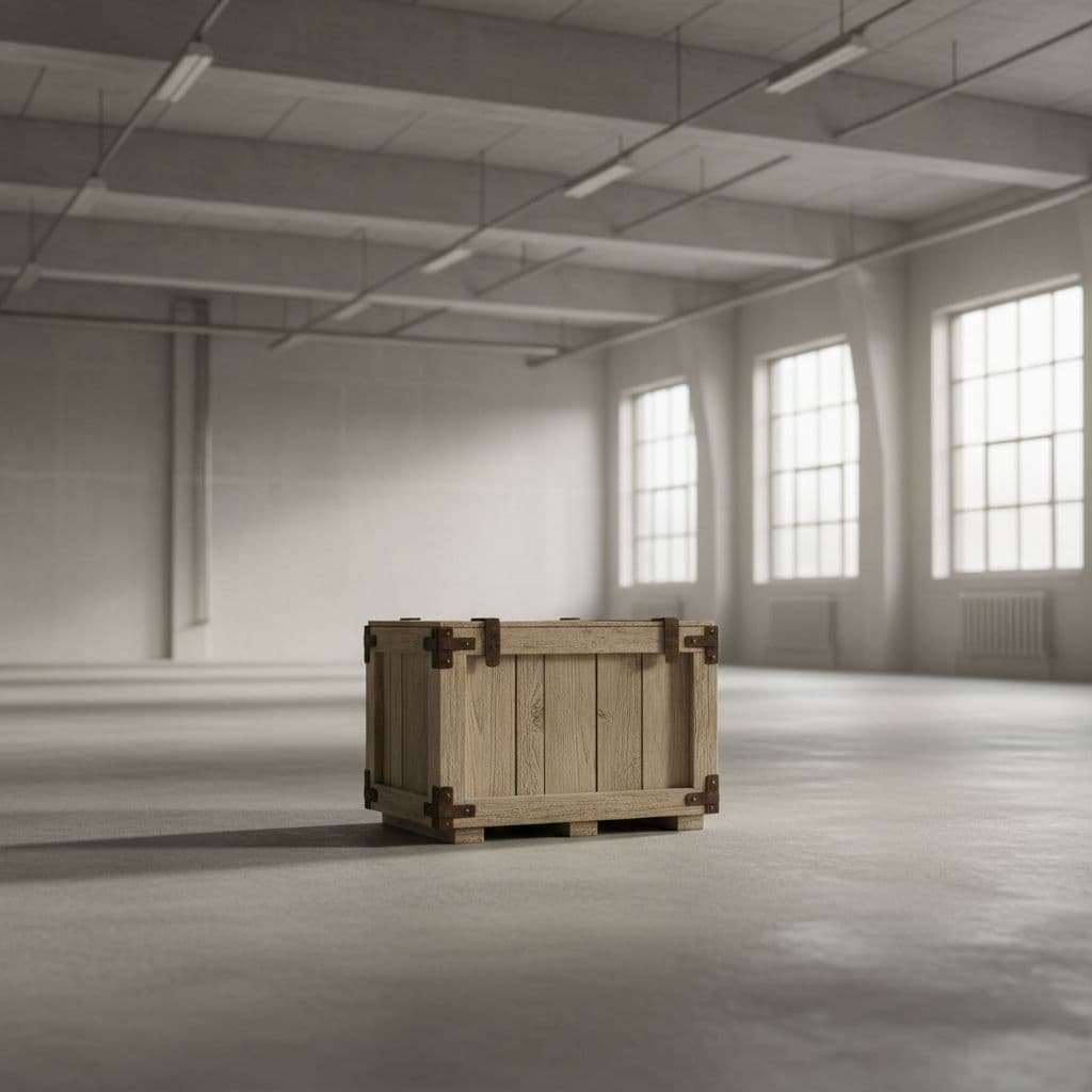A single wooden shipping crate sits in the center of an empty industrial warehouse.