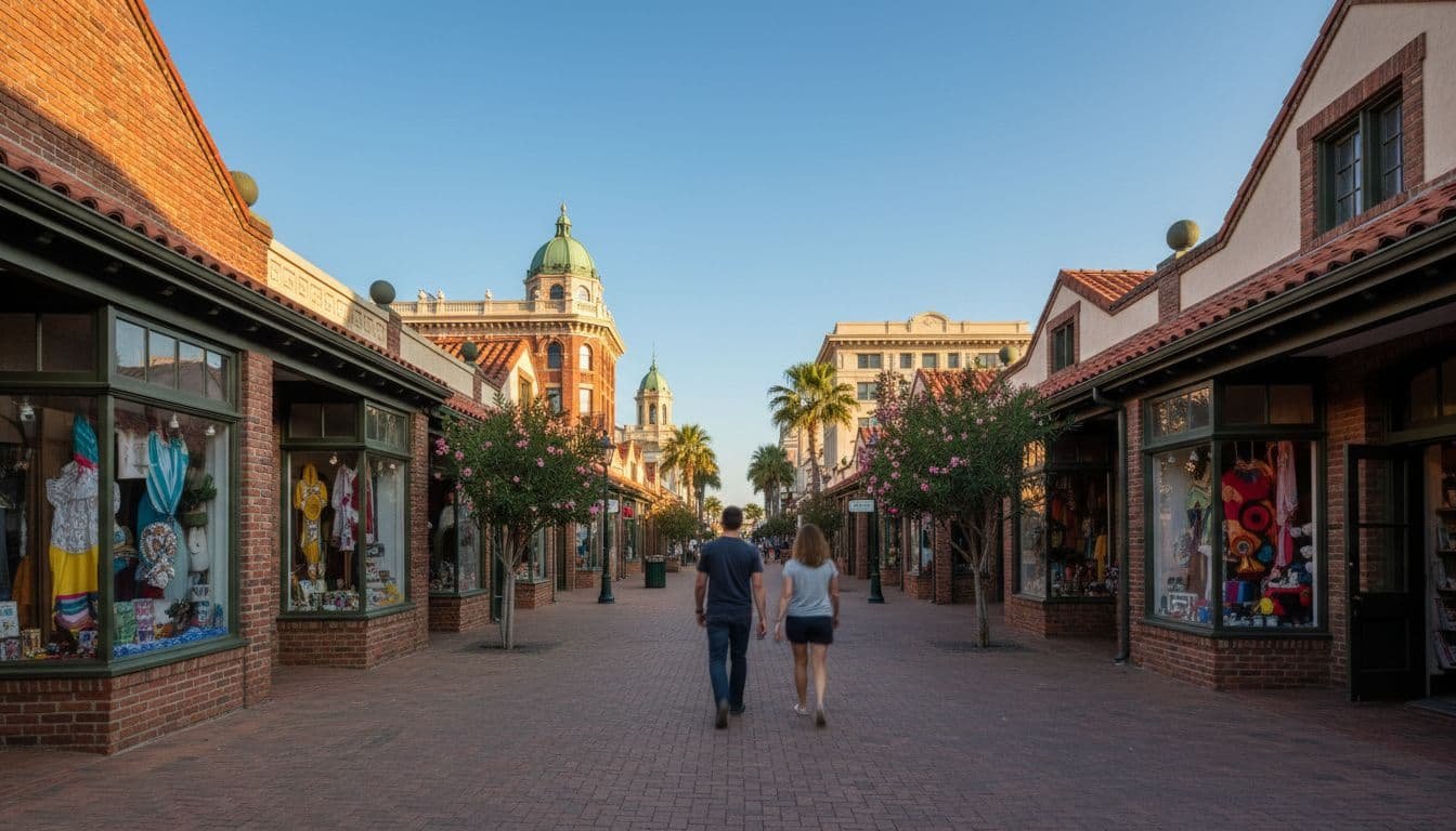 Downtown street lined with small shop fronts, one pedestrian on sidewalk, clear blue sky, soft afternoon light.