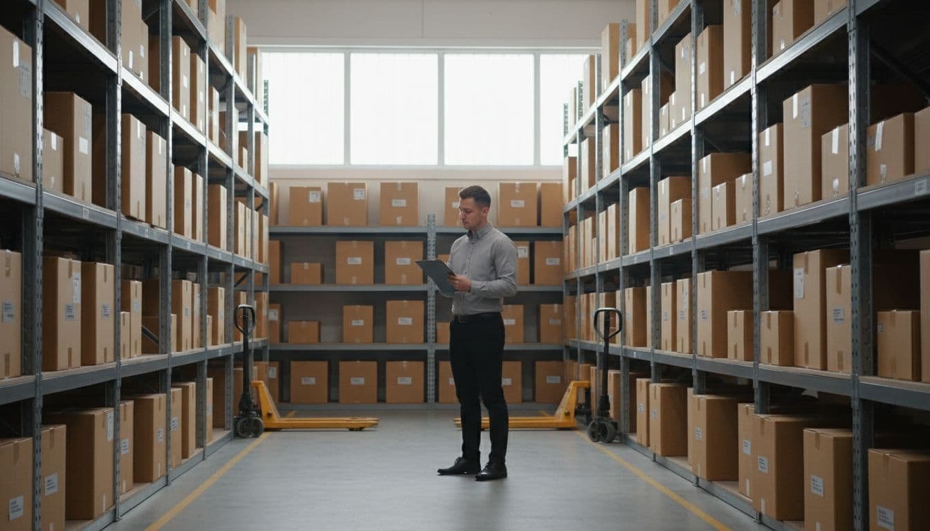 An employee wearing casual professional attire carefully examines stacked cardboard boxes on industrial shelving units. The clean storage facility features bright overhead natural lighting that illuminates the neatly organized product rows.