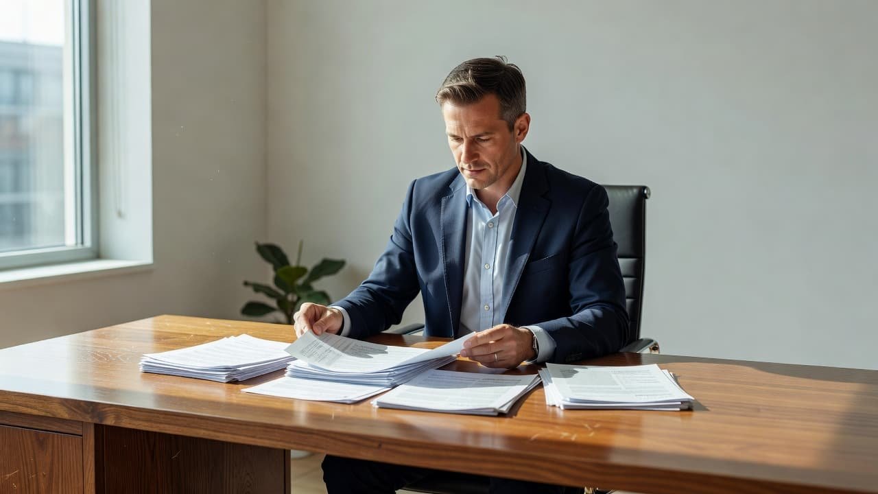 A business professional sits at a clean wooden desk, carefully examining paper documents under soft natural light. A sunlit window creates a bright and airy atmosphere in the modern office space.