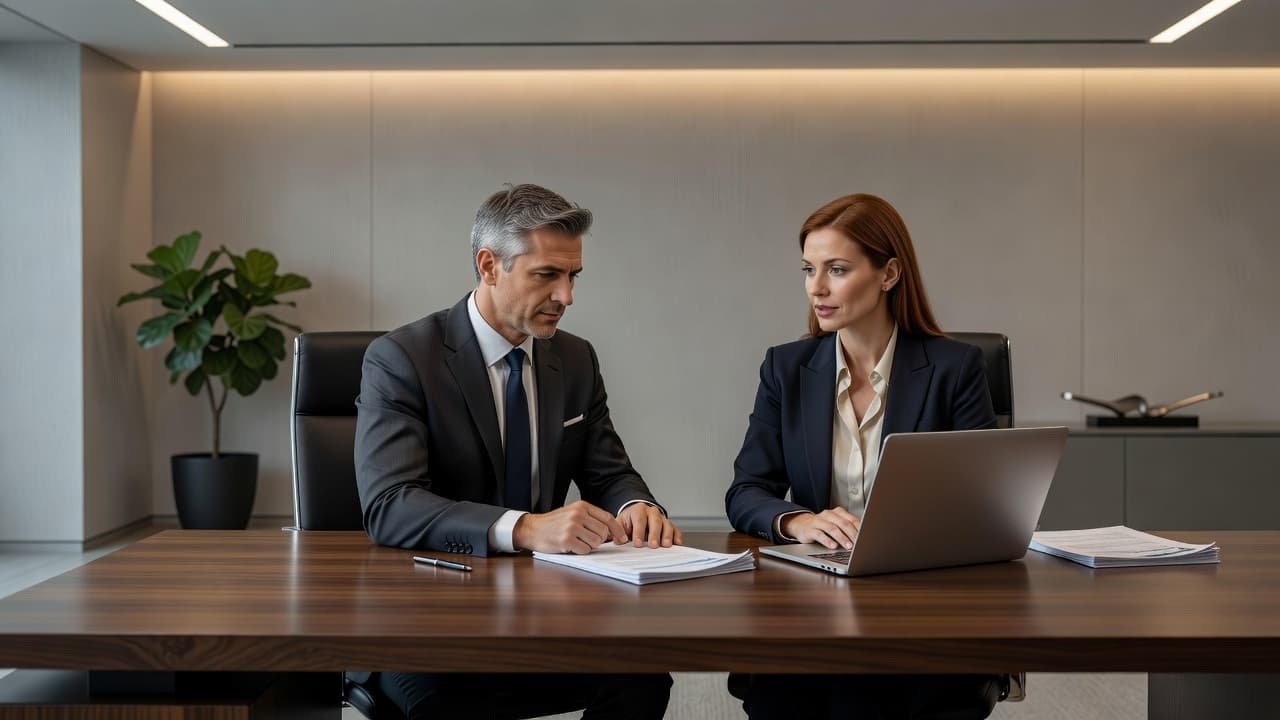 Two individuals sit at a sleek wooden desk engaged in a quiet discussion. Scattered documents and a laptop lie between them under warm ambient lighting within a modern office setting.