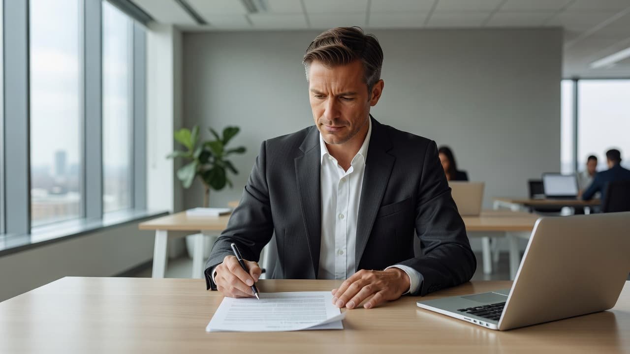 A focused individual in professional attire sits at a sleek wooden desk, holding a pen over a multi-page business document. Natural light illuminates the minimalist office space during a strategic review.