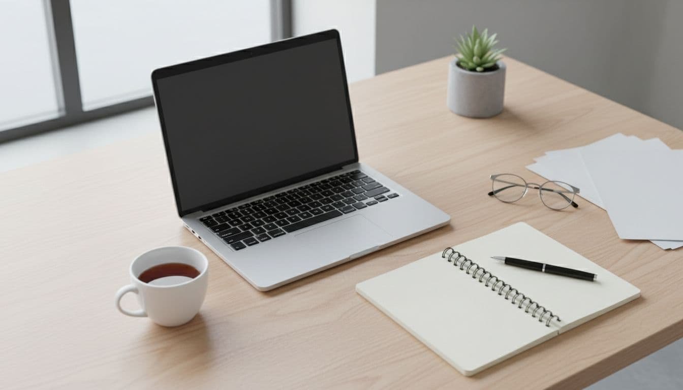 A sleek modern office desk features a metallic laptop, an open leather notebook, and reading glasses. The organized layout represents a professional workspace dedicated to meticulous financial analysis and document review.