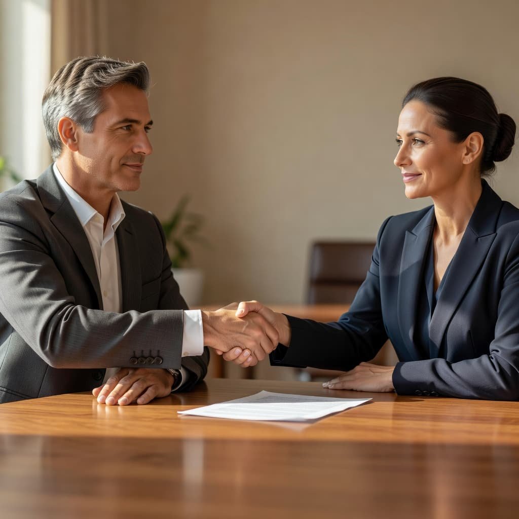 Two individuals sit at a wooden table, gripping hands firmly over a blurred document. Soft natural sunlight illuminates the professional office scene, highlighting the formal interaction between these two business partners.