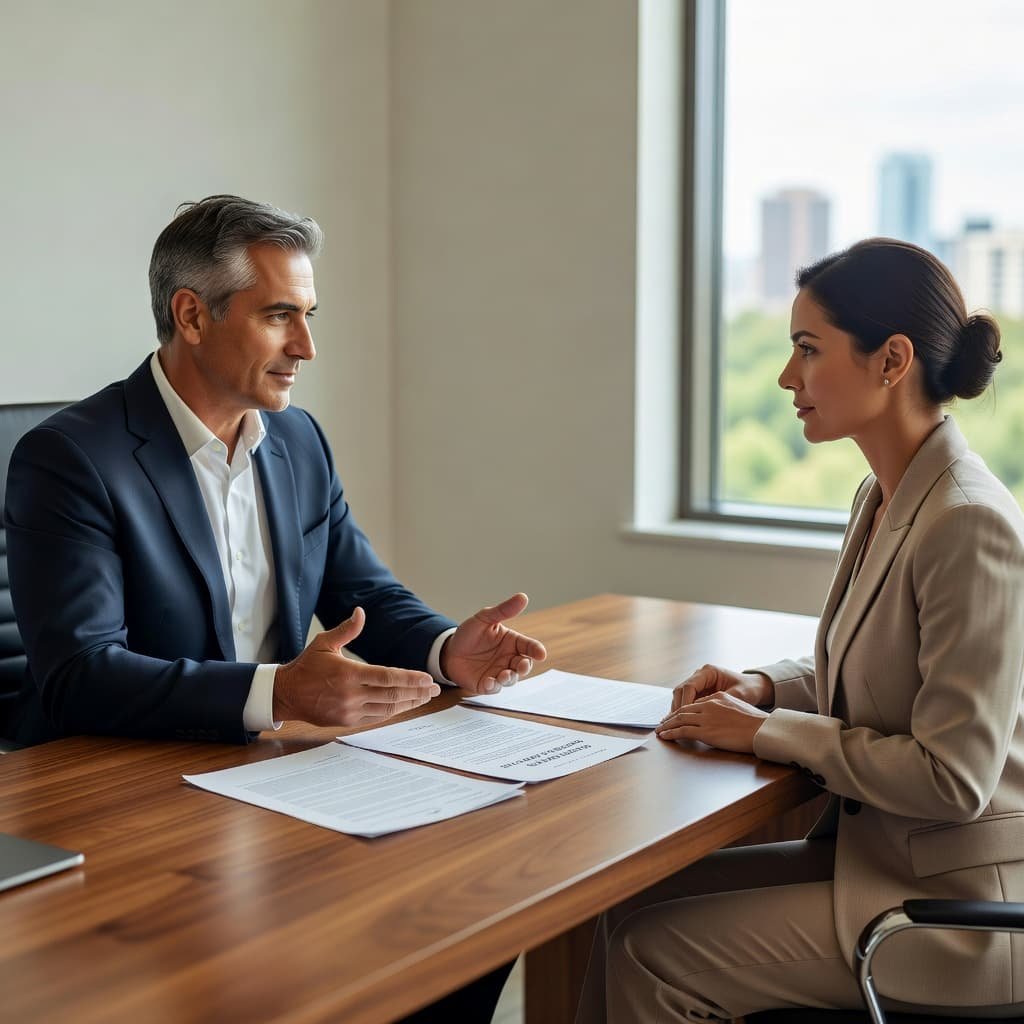 Two colleagues sit across a polished wooden desk, reviewing a document together in a sunlit office. Soft natural light highlights the focused interaction as they discuss financial terms in Georgia.