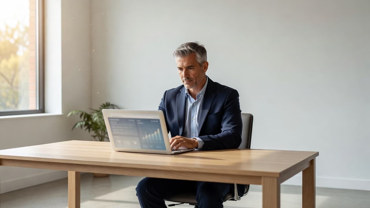 A focused entrepreneur sits at a sleek modern desk bathed in natural light. He examines a digital interface on his laptop while analyzing potential business data in a tranquil office environment.
