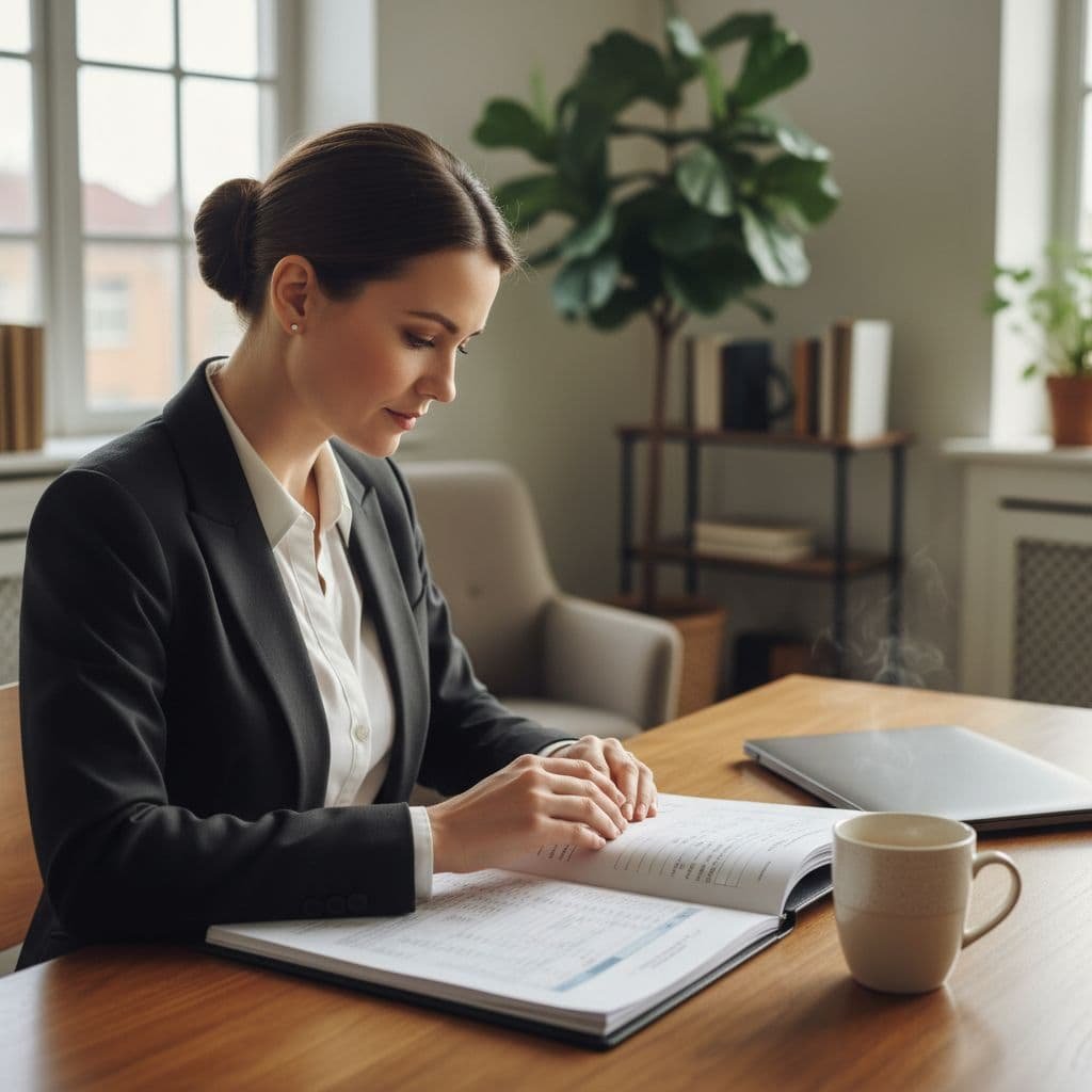 A business owner sits at a polished wooden desk, reviewing a stack of organized financial reports. Beside the papers, a warm coffee mug rests under soft, natural light from a window.