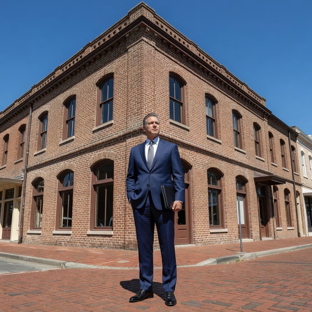 A well-dressed entrepreneur stands confidently in front of a rustic brick building on a bright day. The clear blue sky highlights the historic architectural details of the exterior commercial property.