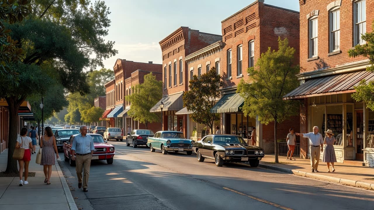Pedestrians stroll along wide sidewalks lined with mature green trees and vintage cars parked in front of historic brick storefronts. Golden sunlight illuminates the lively main street during a clear morning.