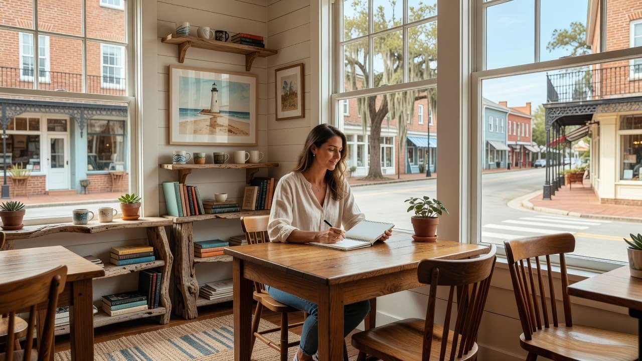 A person sits with a notebook inside a cozy shop featuring warm wooden furniture and beachy decor. Soft light streams through the window overlooking a historic Southern coastal street scene.