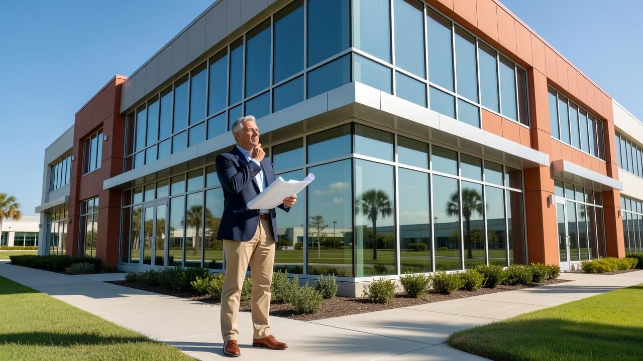 A business professional stands confidently before a sleek glass-fronted commercial building on a bright day in Georgia. The suburban landscape is clear and sunny, highlighting the property's potential for new investment.