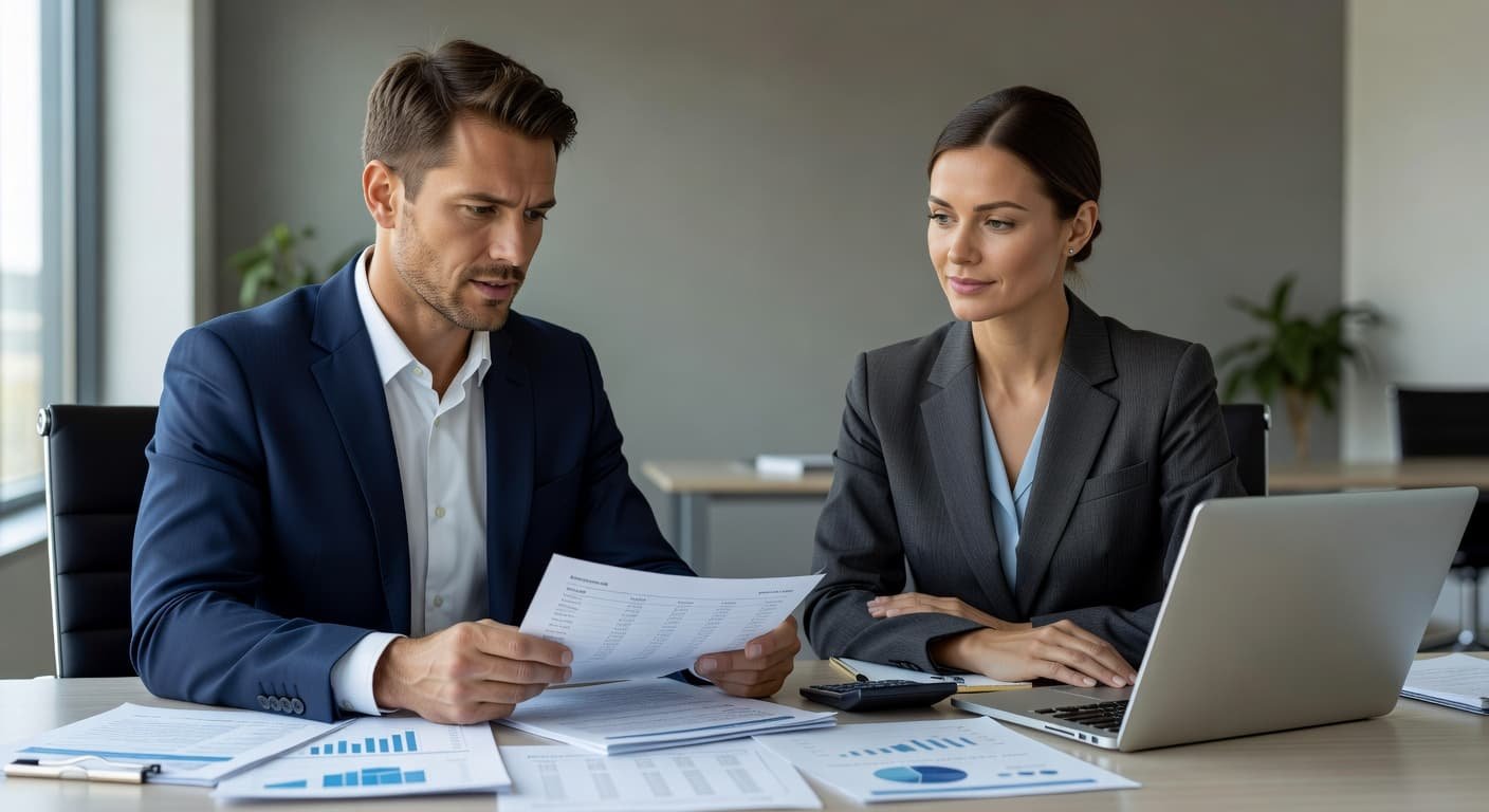 An accountant sits across from a client at a wooden desk filled with spreadsheets and financial documents. They discuss papers while a laptop remains open in the bright, professional office.