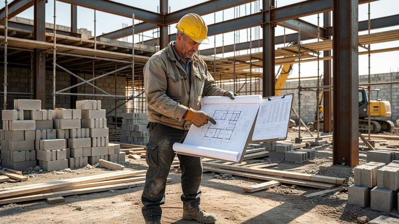 A professional construction contractor in safety gear examines detailed architectural drawings and financial reports held on a clipboard. The scene is set on an active outdoor job site during the day.