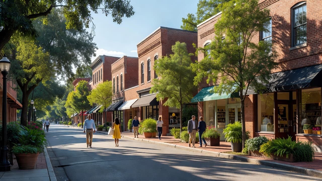 Pedestrians walk along a wide sidewalk in downtown Athens, Georgia, flanked by historic red brick buildings and vibrant storefronts. Lush green trees provide shade under a clear, sunny afternoon sky.