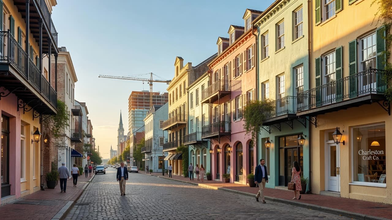 Historic buildings line the cobblestone street under the warm glow of the golden hour sun. The wide perspective captures intricate architectural details and clear skies, suggesting a prosperous investment climate.