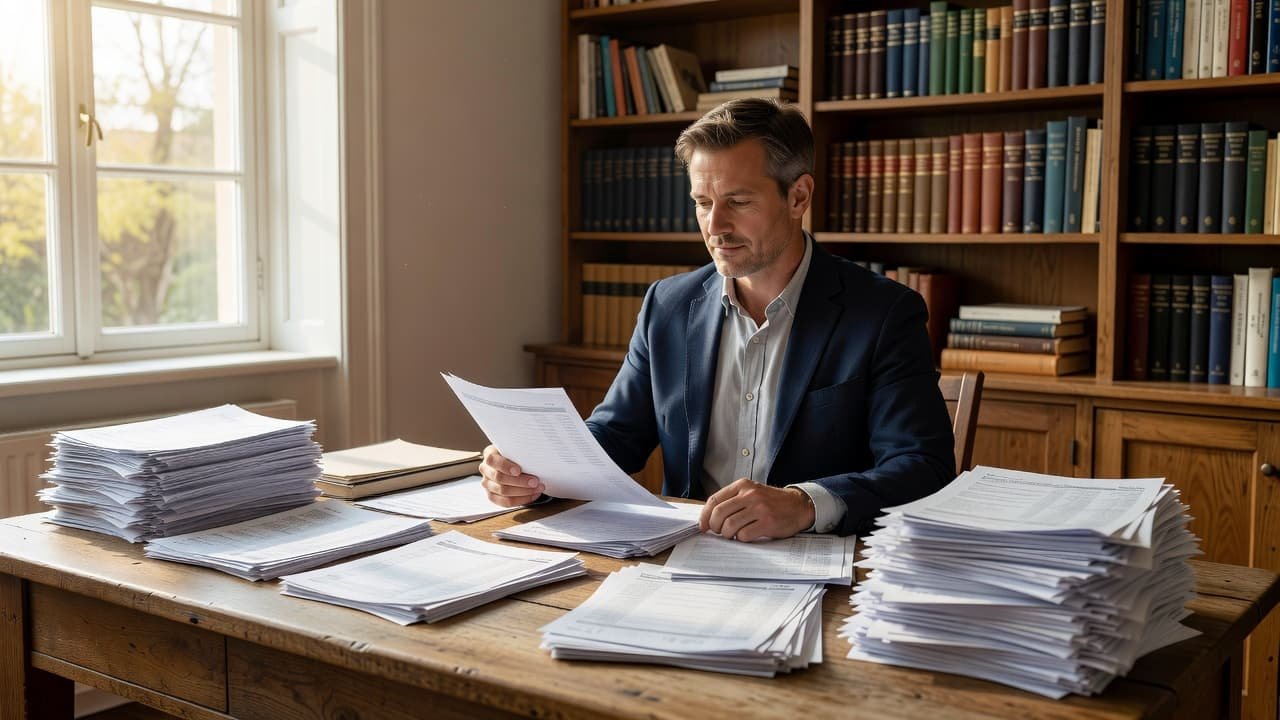 An entrepreneur sits at a wooden desk filled with organized stacks of financial documents and spreadsheets. Bright sunlight streams through a large window, highlighting the focused professional in their workspace.
