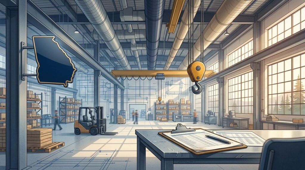 Industrial warehouse with an overhead crane and hook, clipboard on a desk, forklift in the background, and workers in motion.