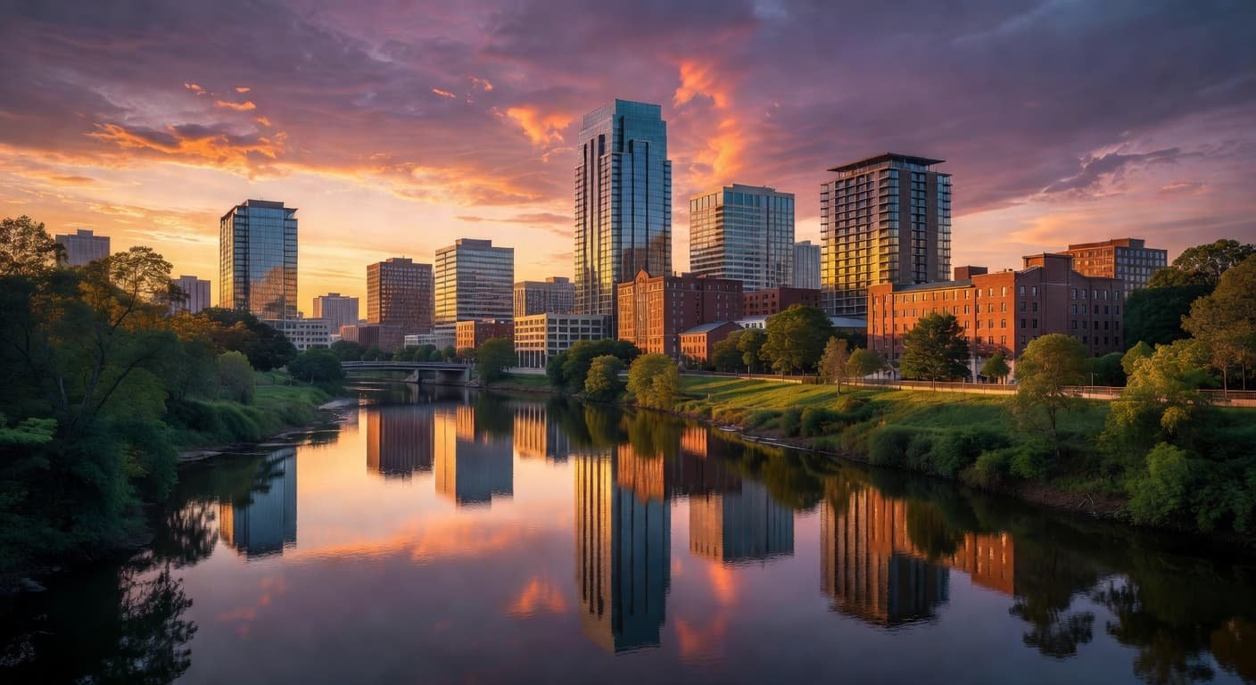The tranquil Reedy River flows through the foreground reflecting warm golden hues of the setting sun. Modern commercial buildings and urban architecture rise gracefully against a vibrant orange and purple sky.