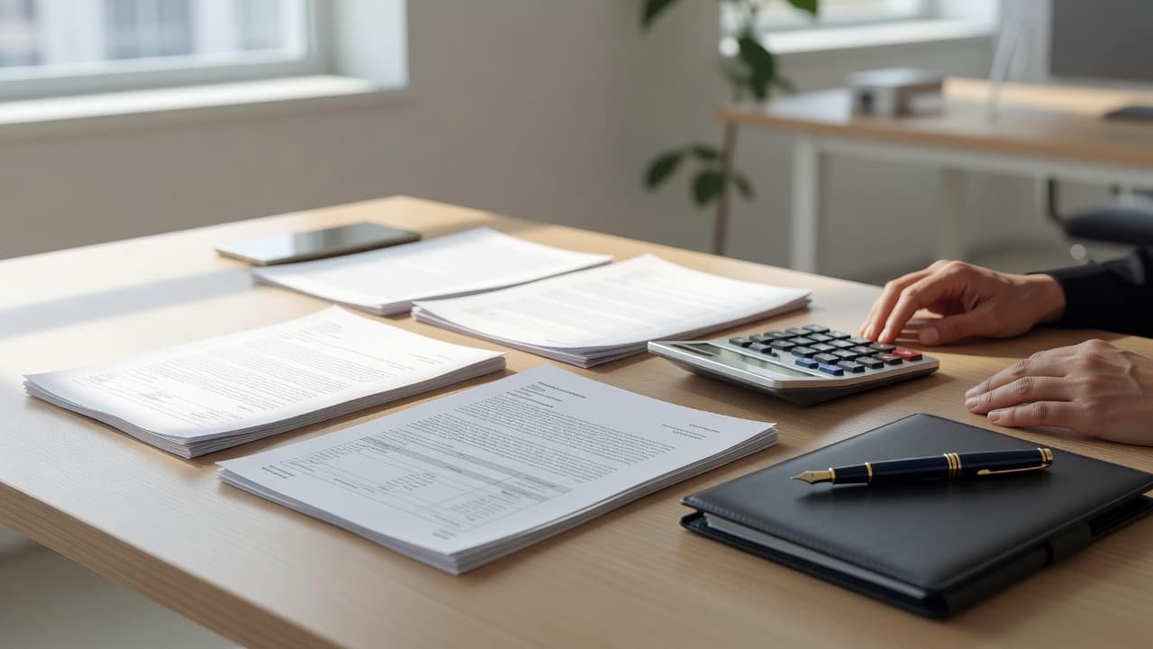 A pair of hands rests on a wooden desk alongside stacks of legal documents and a fountain pen. A professional calculator sits near the papers under soft, bright natural sunlight.