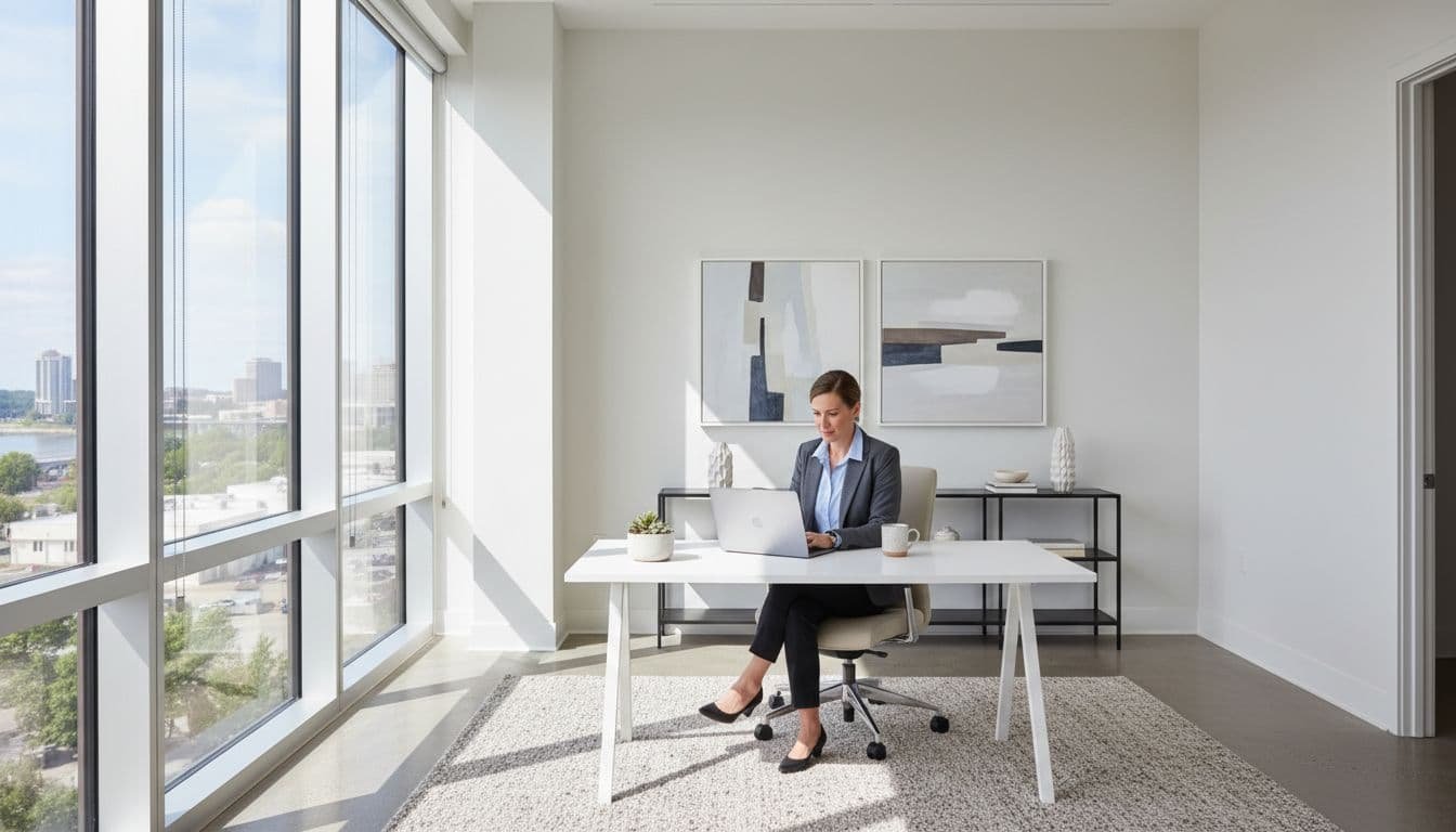 A focused professional works on a sleek laptop at a clean desk within a bright, minimalist office space. Large windows illuminate the contemporary workspace, highlighting the city's emerging economic professional environment.