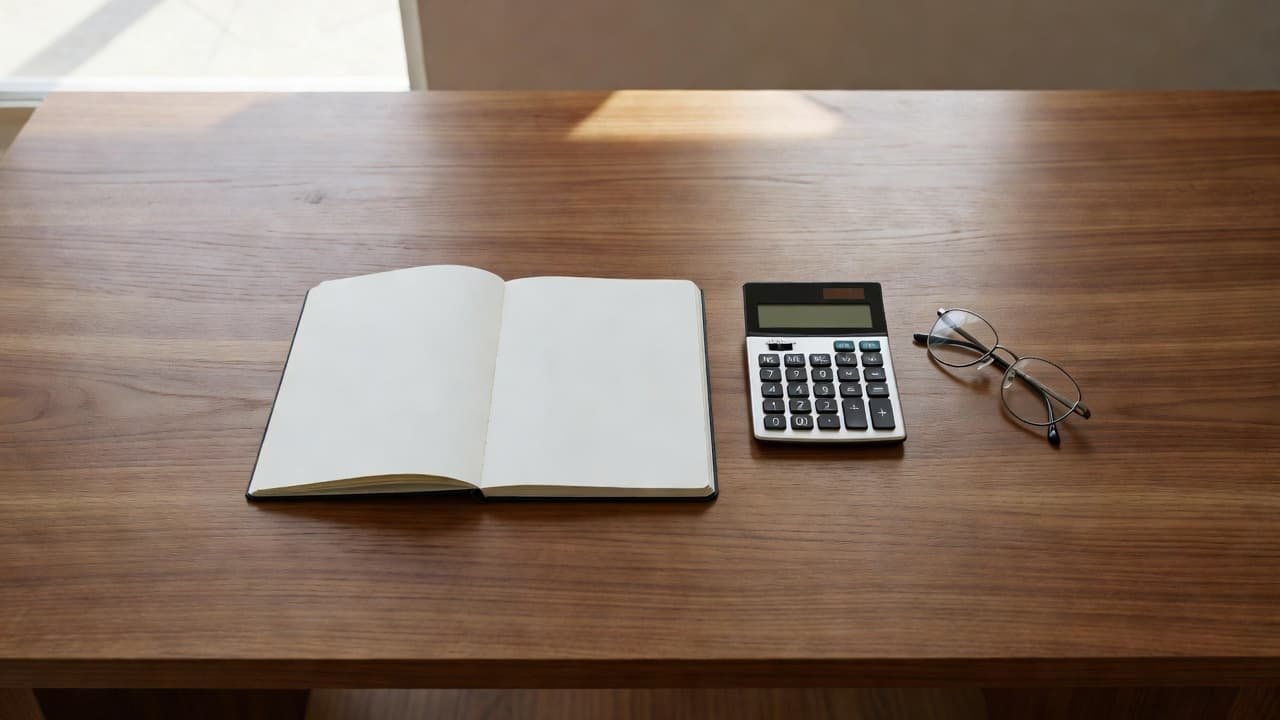 A top-down view of a smooth wooden desk surface featuring a leather-bound notebook, a digital calculator, and modern reading glasses. Soft morning light creates gentle shadows across the organized workspace area.