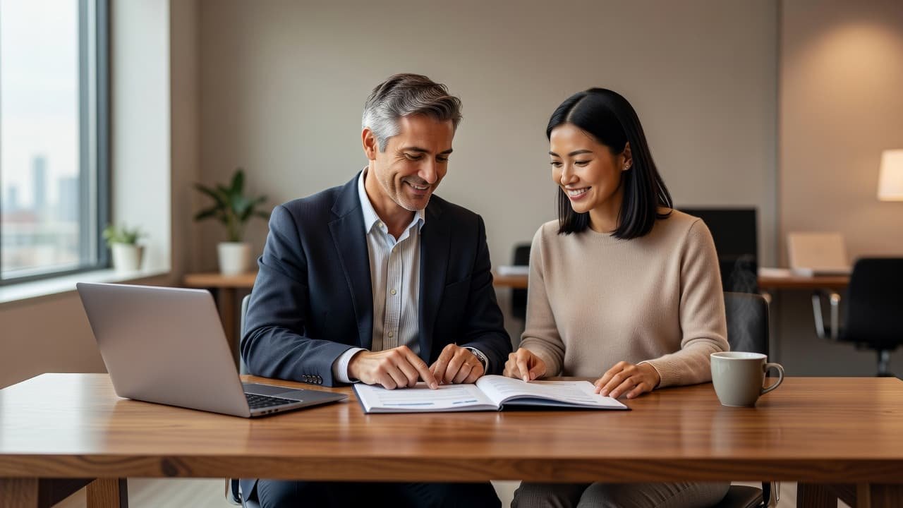 Two colleagues sit at a wooden desk reviewing documents together within a light-filled office. The background features a blurred laptop and ceramic mug, creating a calm atmosphere for professional workspace synergy.
