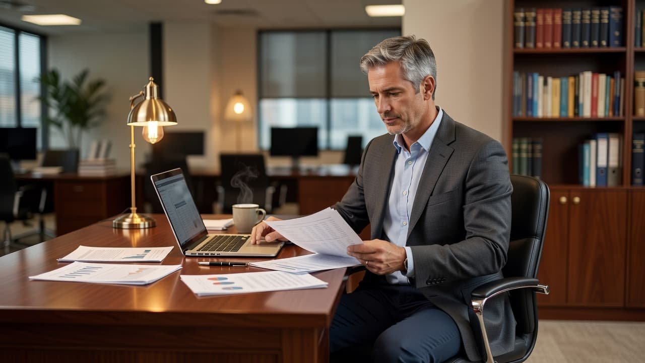 A focused professional in business casual attire sits at a polished wooden desk, carefully examining stacks of paper financial records beside an open laptop within a warm, well-lit office suite.